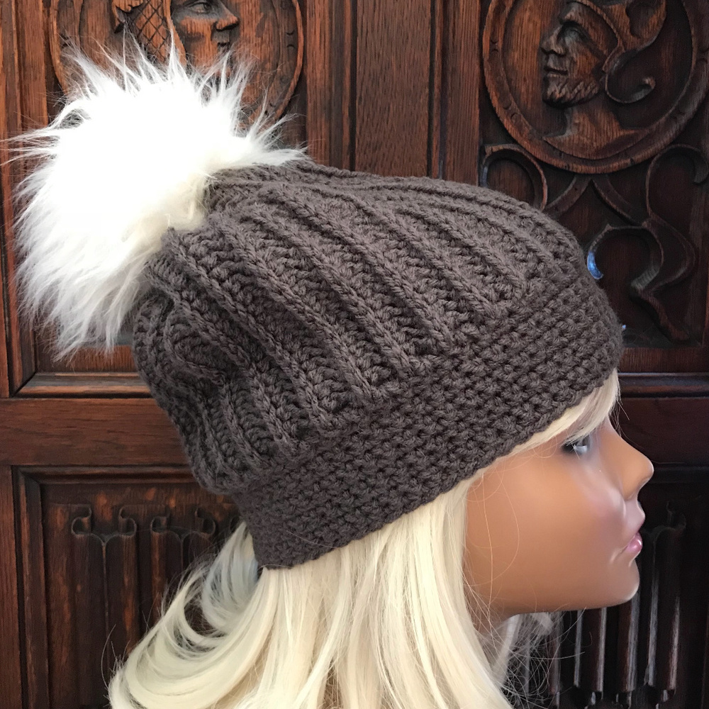 Charcoal Crochet Slouchy with Faux Fur Pompom Hat